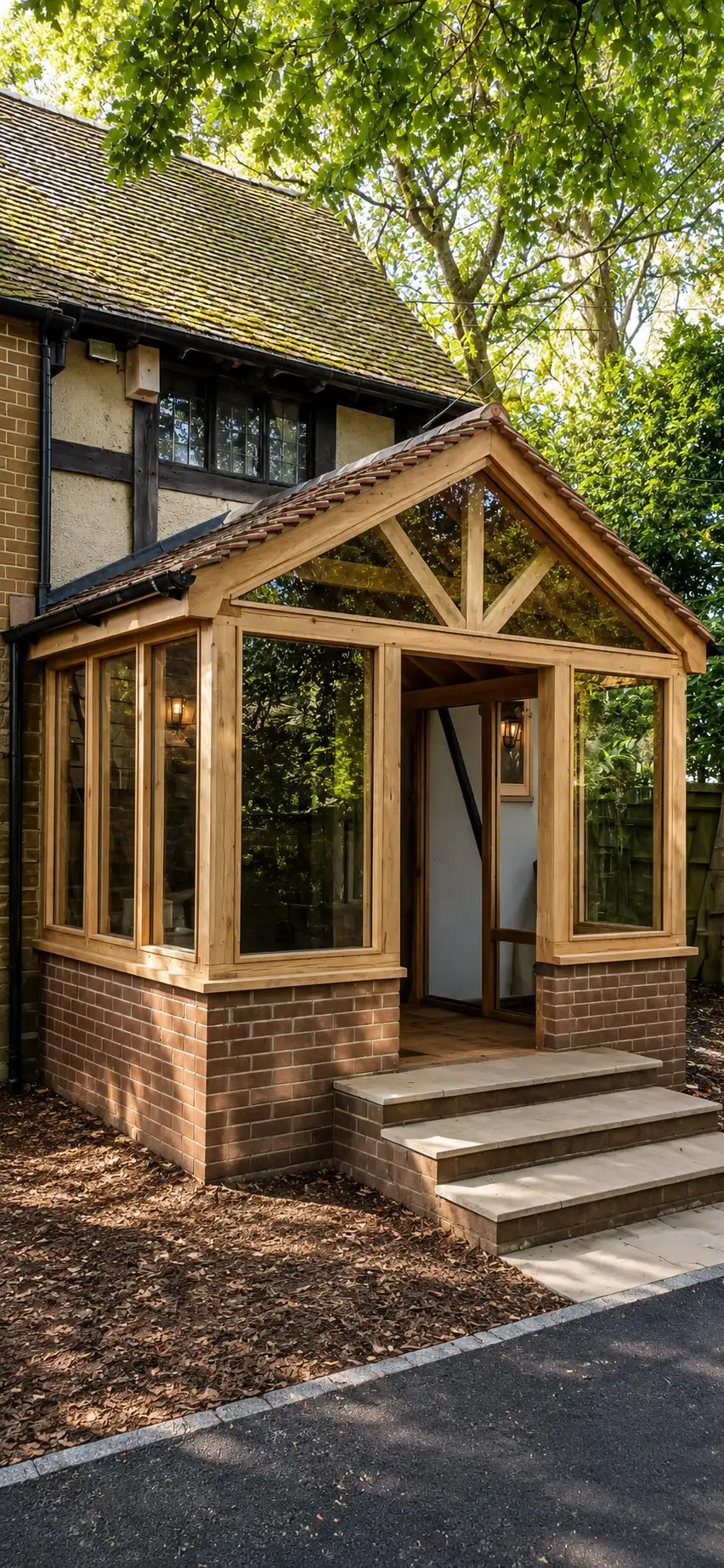 Bespoke oak-framed glazed entrance porch on a Sussex house