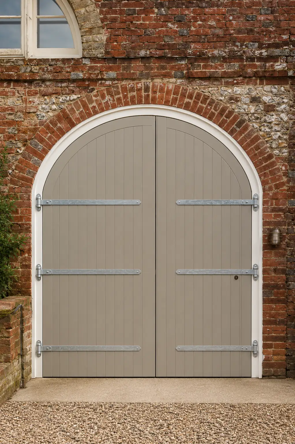 Pair of hand-built arched doors with black strap hinges in a brick archway