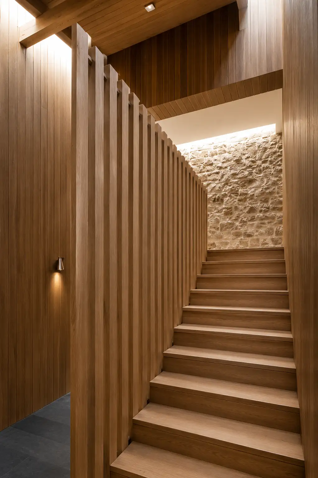 Oak feature staircase with a vertical slat screen against an exposed stone wall
