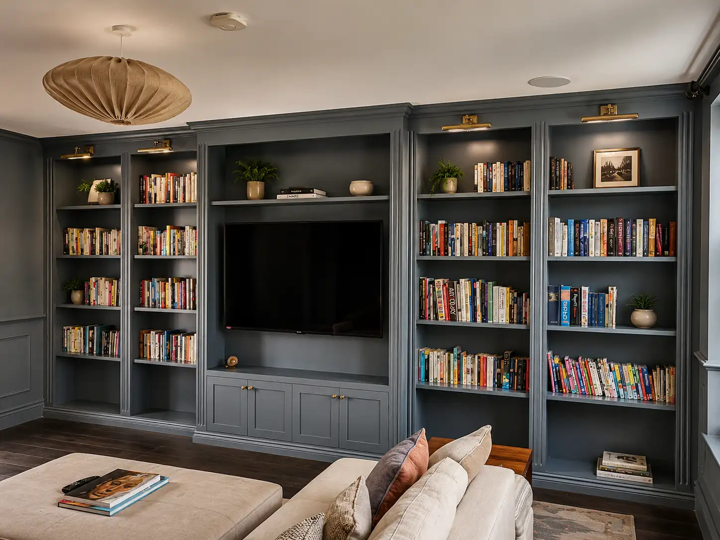 Slate-blue fitted media wall with bookcases and brass picture lights